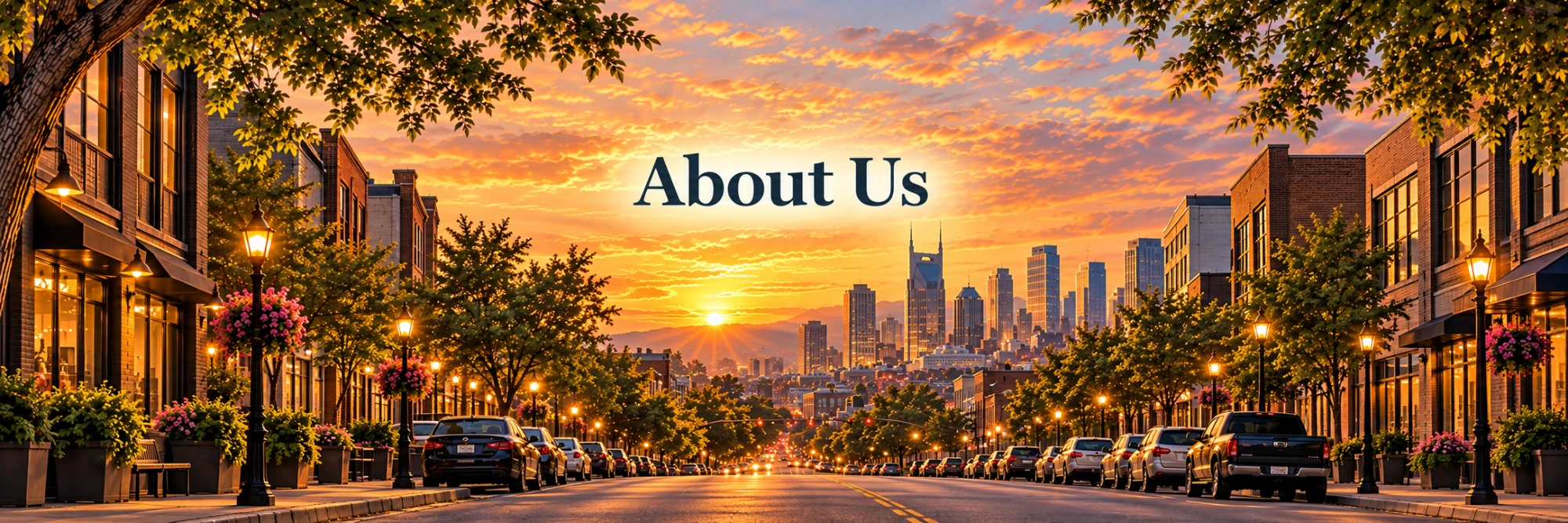 A tree-lined historic Nashville street at sunset, looking toward the downtown skyline, with the words About Us