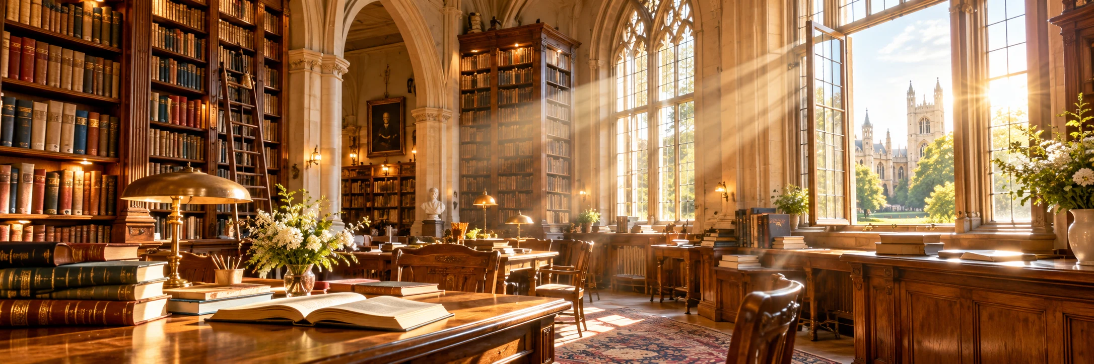 A sunlit historic university library with tall bookshelves, study tables, an open book in the foreground, and golden light streaming through Gothic windows.