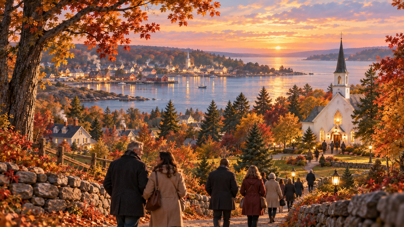 A warm autumn hillside path leading to a white coastal church, with a glowing harbor town across the bay.