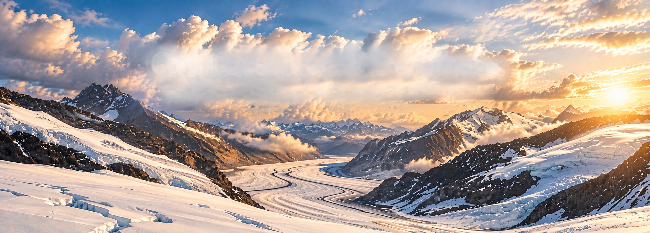 A sweeping glacier valley surrounded by snow-covered mountains in warm light.