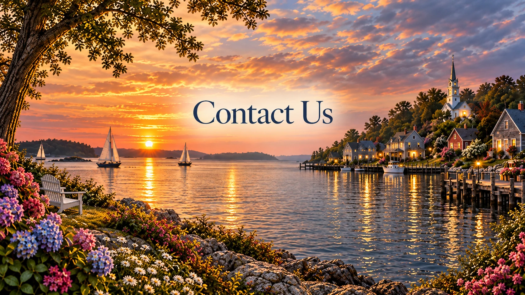 A peaceful New England harbor at sunset, with sailboats, a church steeple, and warm village lights — Contact Us