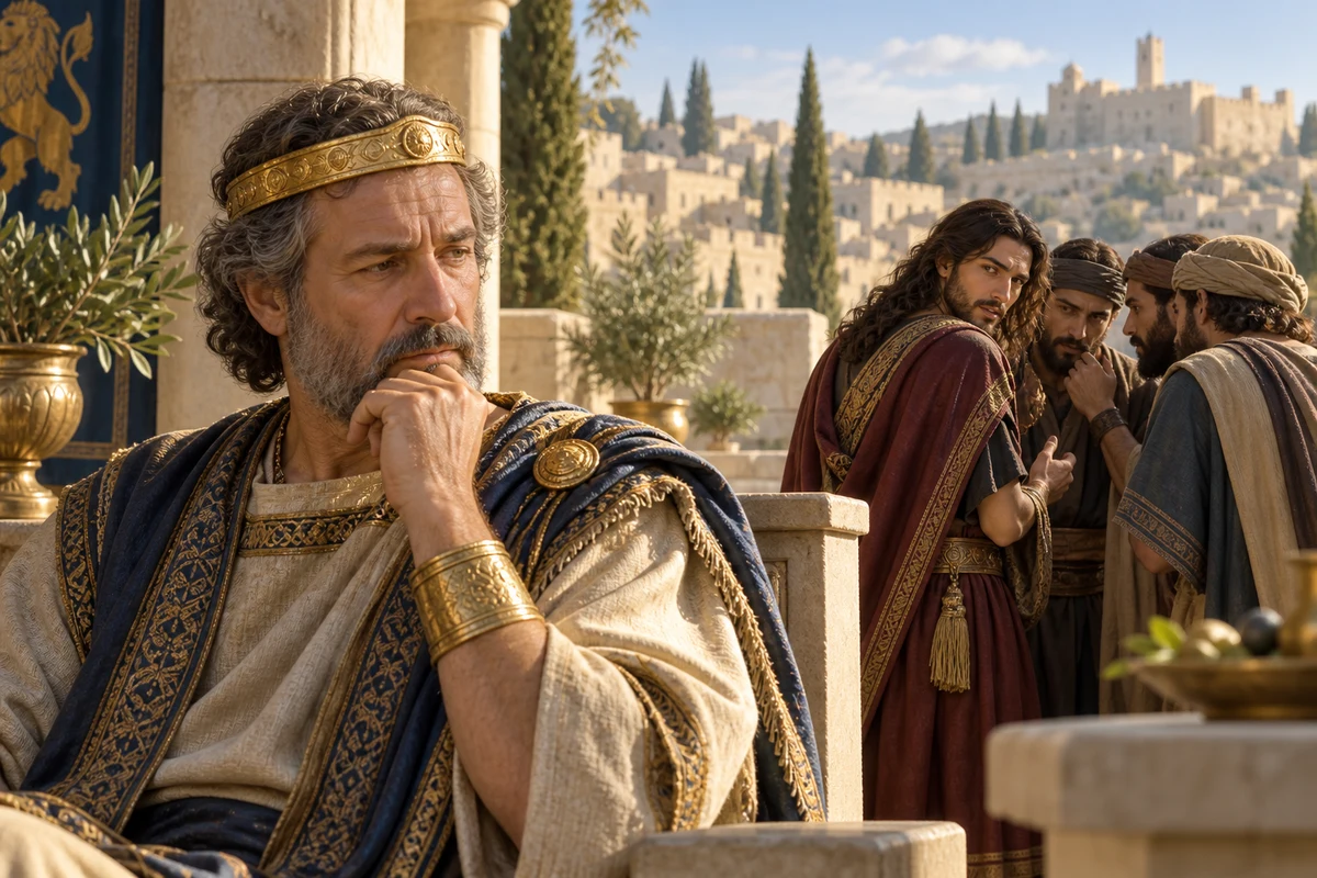 A thoughtful King David with a group conspiring behind him in a sunlit palace courtyard.
