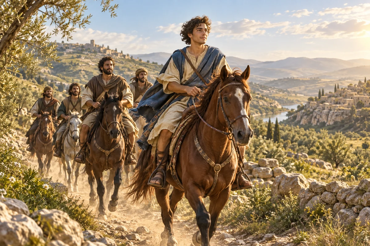 Young David on horseback leading rugged companions through sunlit biblical hill country.