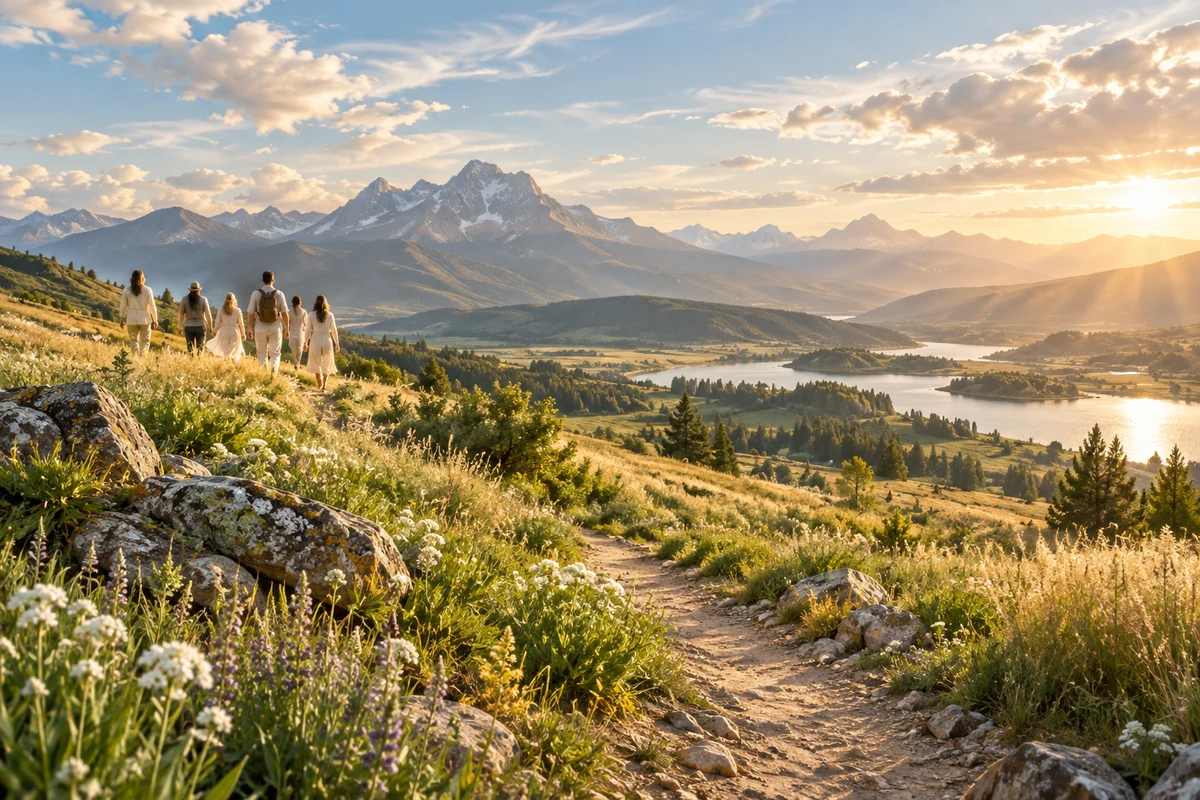 A bright open field with new growth and distant people in light clothing walking toward sunlit hills.