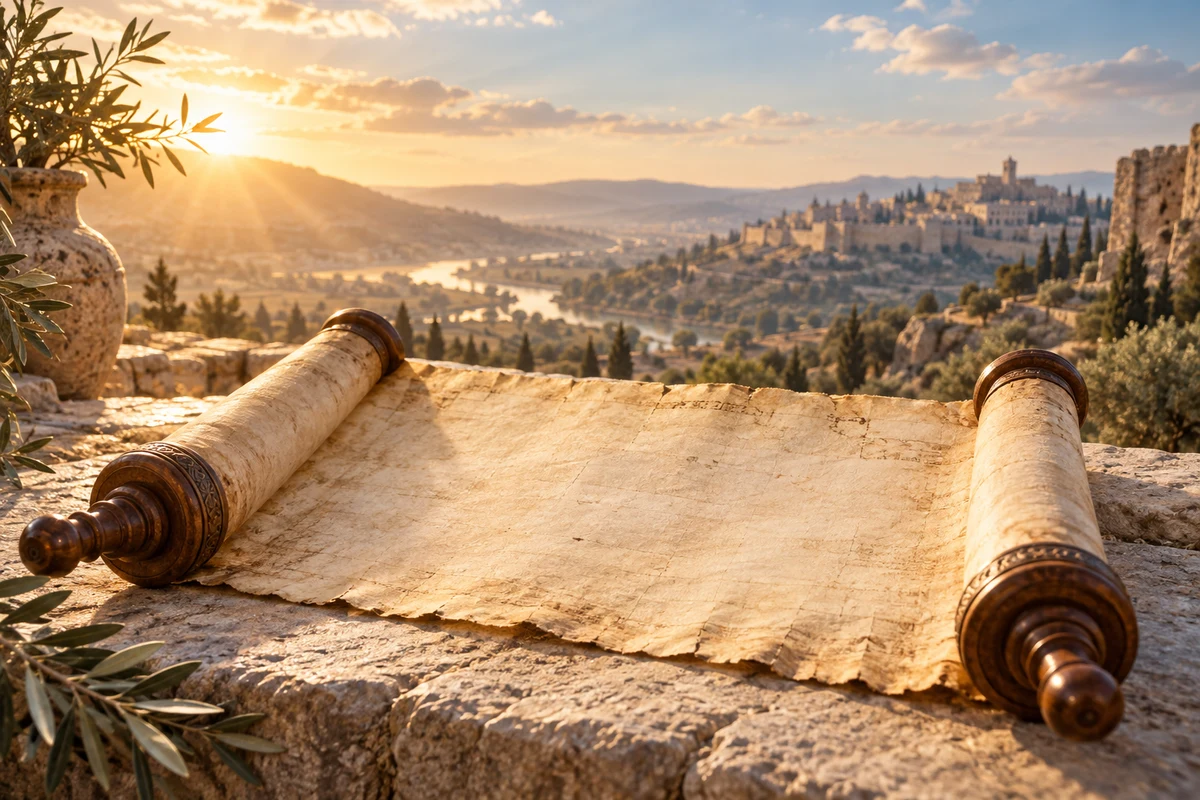 An open ancient parchment scroll illuminated by warm sunlight.