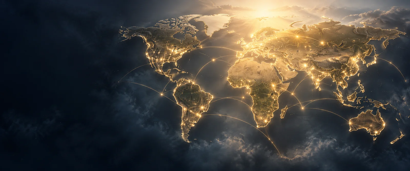 An illuminated world map with glowing gold connection lines linking continents, lit by a warm sunrise.