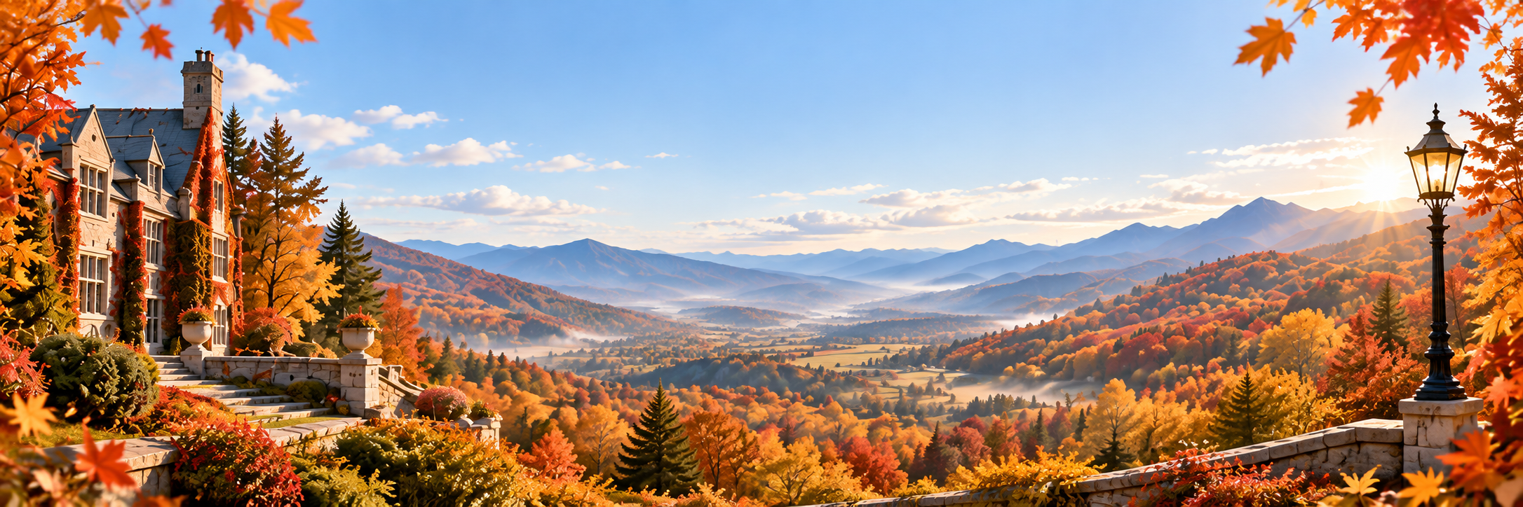 An ivy-covered stone school and an English lamppost overlooking colorful Appalachian hills in the morning sun.