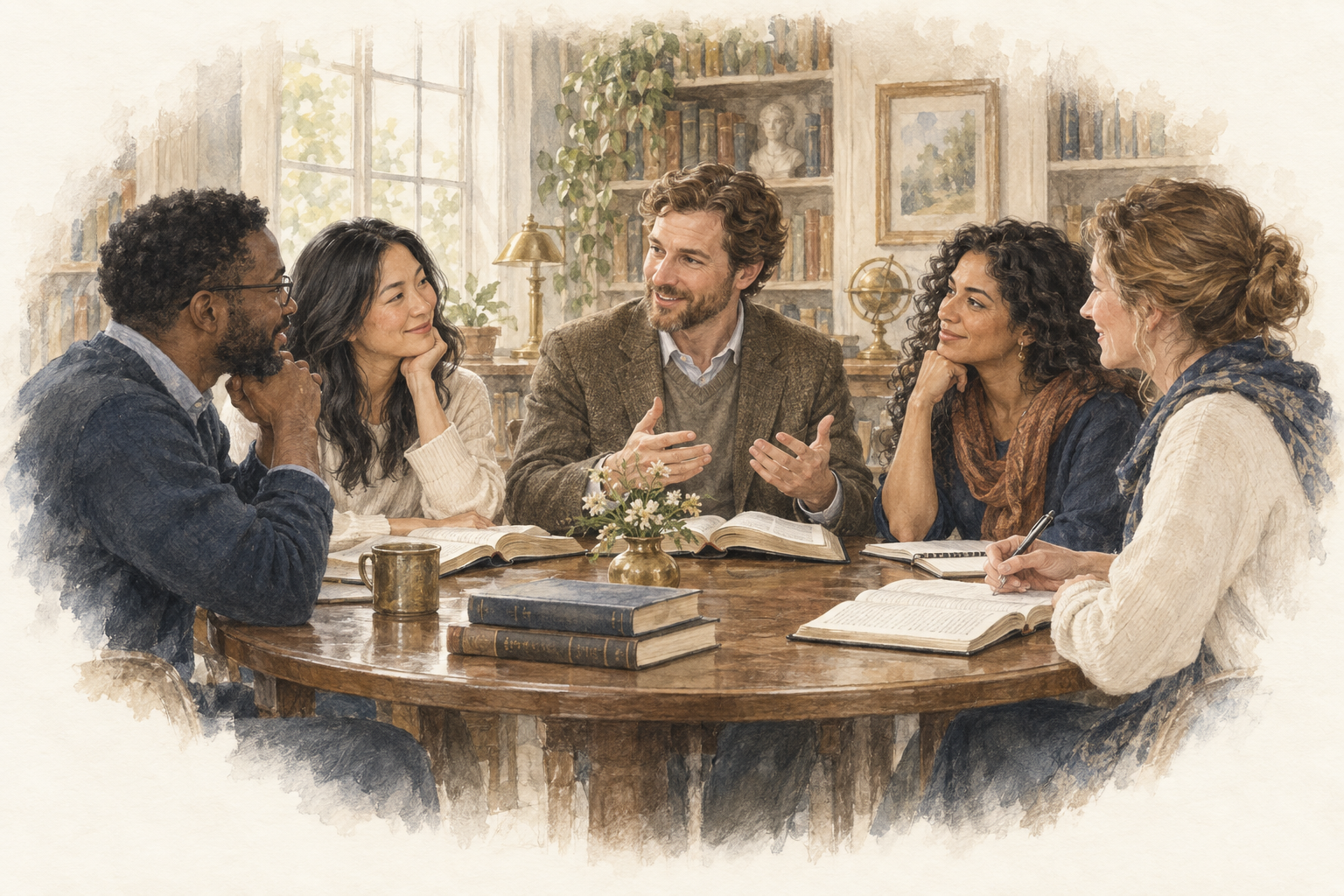 Illustration of a teacher and learners sharing a thoughtful conversation