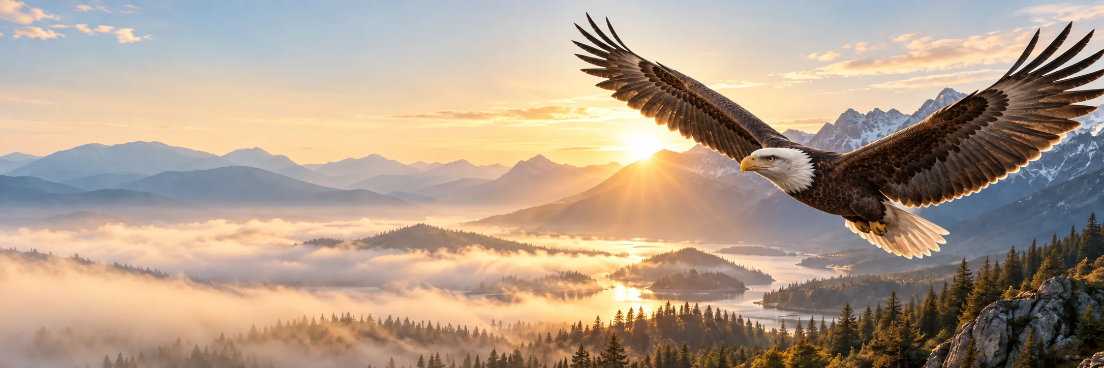 An eagle soaring above a sunlit mountain valley.